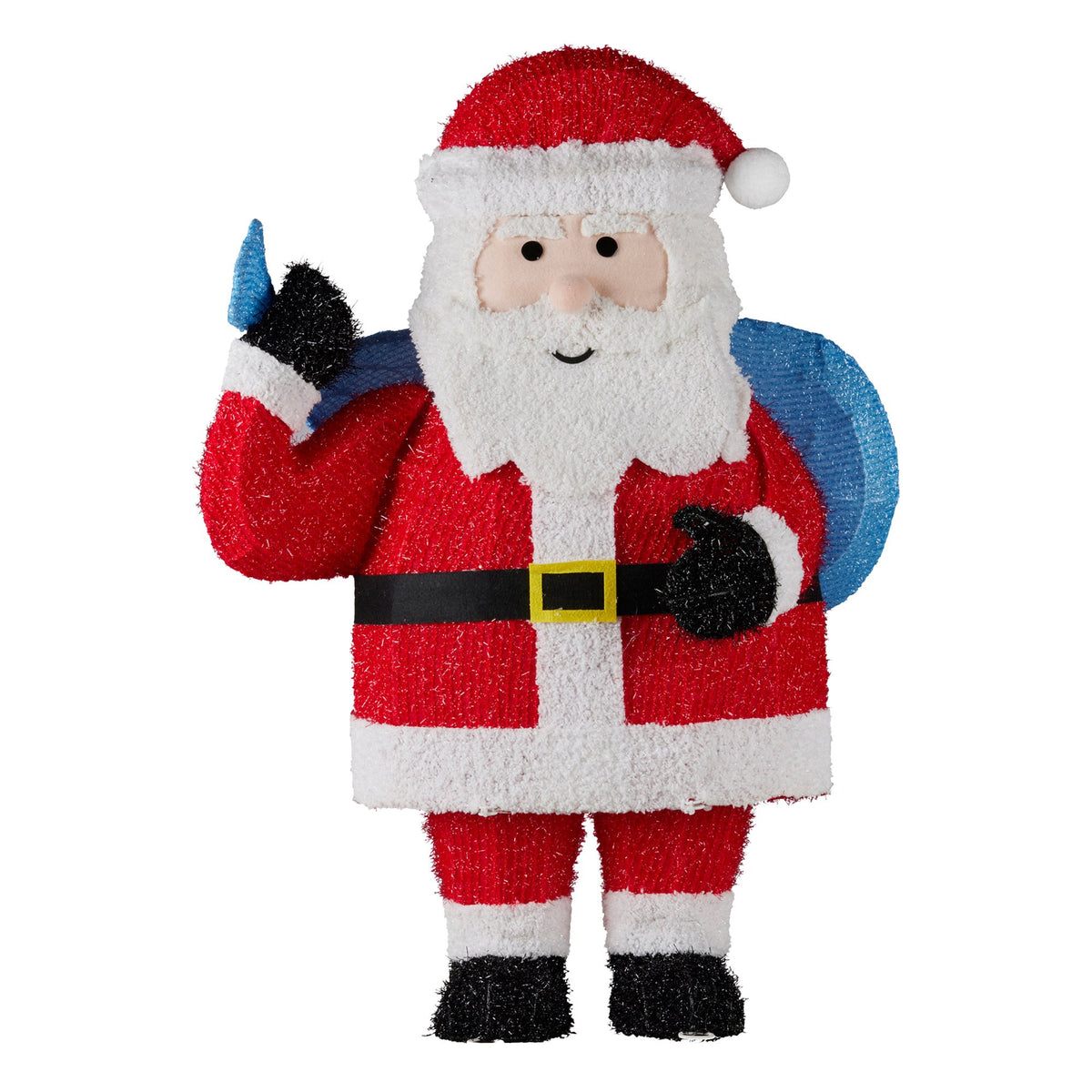 Light-up Santa yard decoration with blue sack and black mittens, warm white LED lights