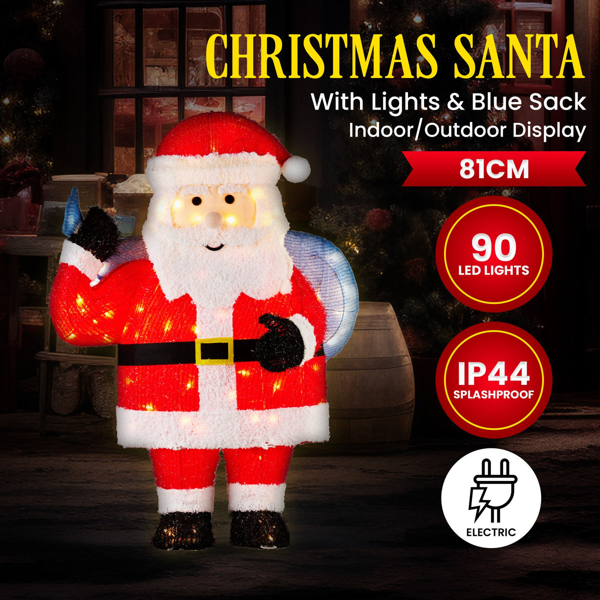 Light-up Christmas Santa display standing with glowing warm white LEDs and blue sack