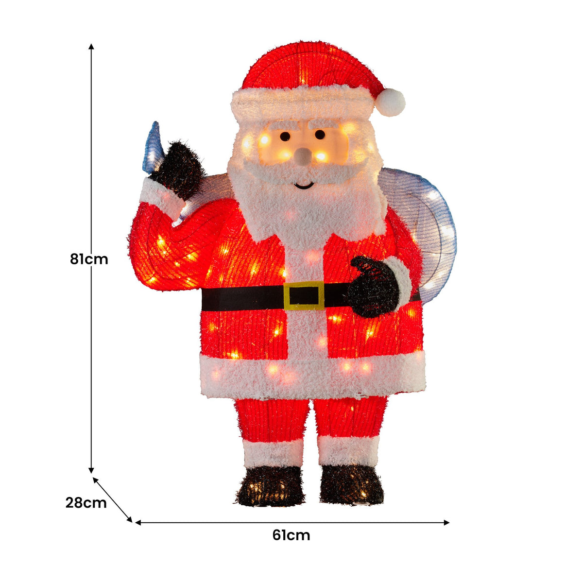 Light-up Santa yard decoration with warm white LEDs, blue sack, size markers shown