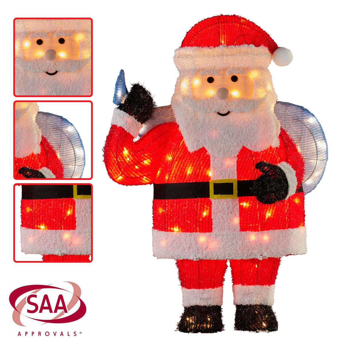 Light-up Santa yard decoration with close-up insets of warm white LED face lights