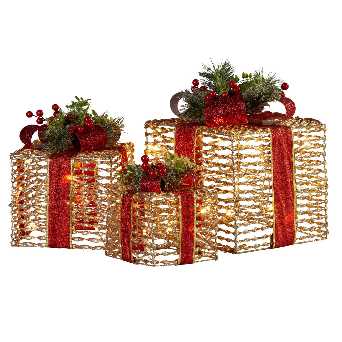 Set of three gold foil Christmas gift boxes with red ribbons, bows, and lit LEDs
