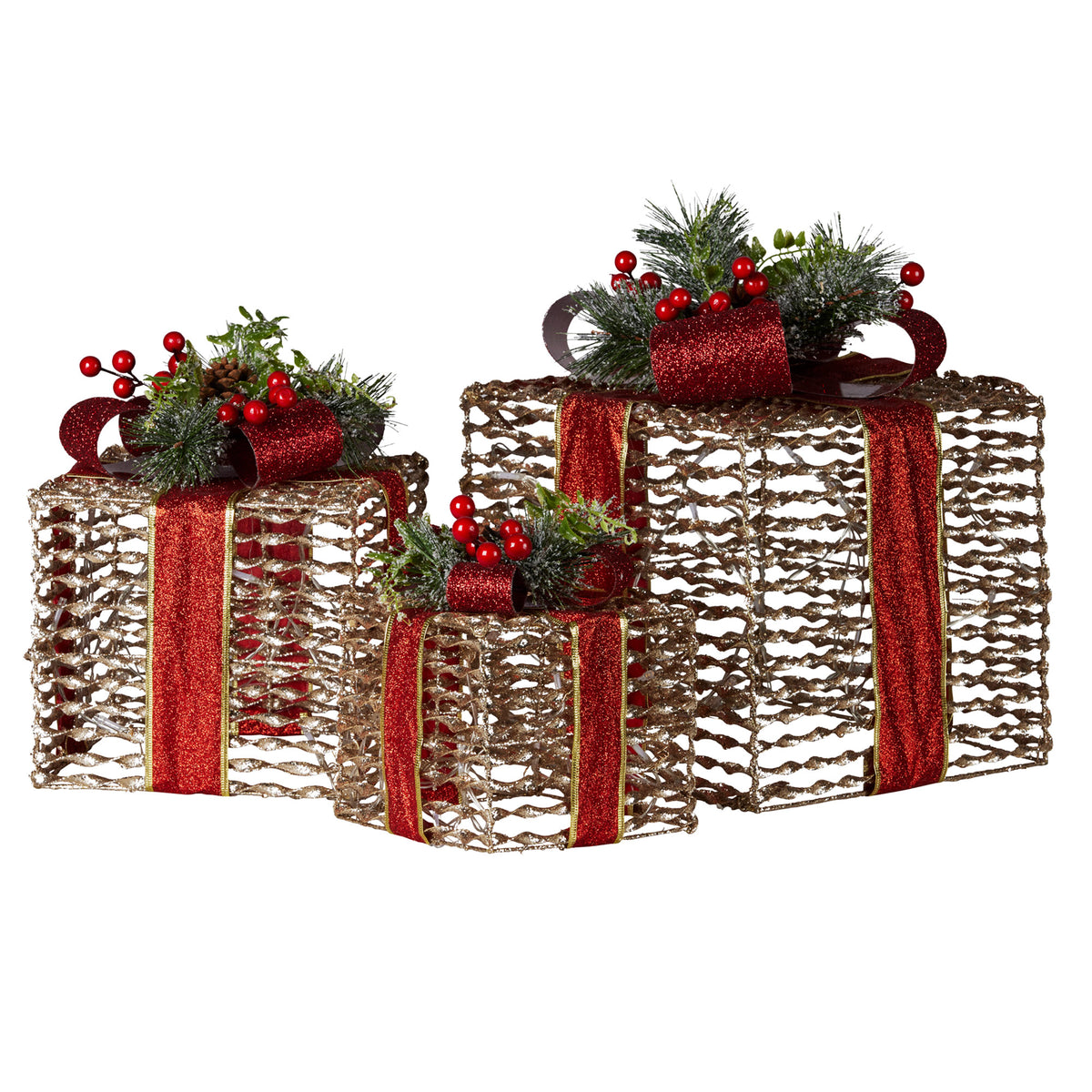 Set of three gold foil Christmas gift boxes with red ribbon trim, bows, and warm LEDs