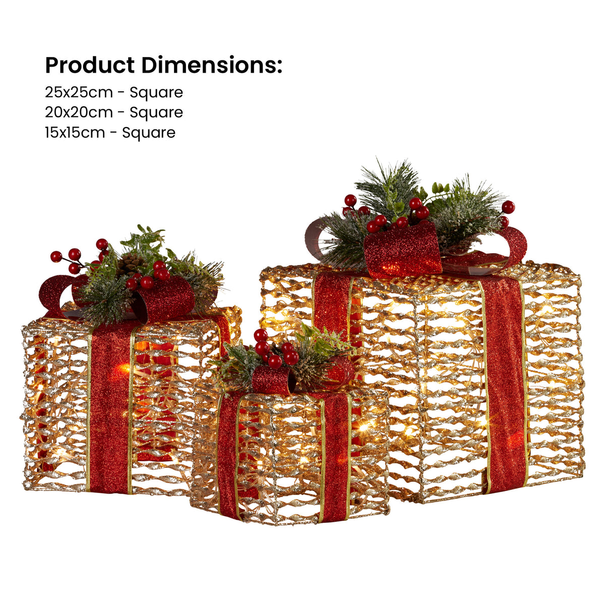 Set of three gold foil Christmas gift boxes with red ribbon borders, bows, and LED glow