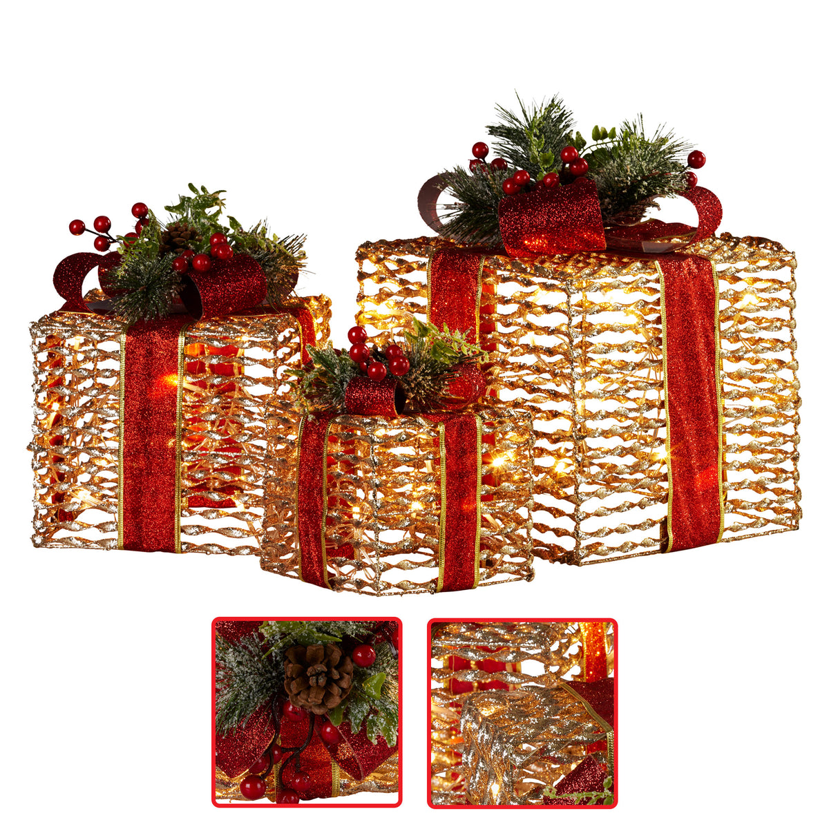 Set of three gold foil Christmas gift boxes with red bows, lit LEDs, plus two inset details
