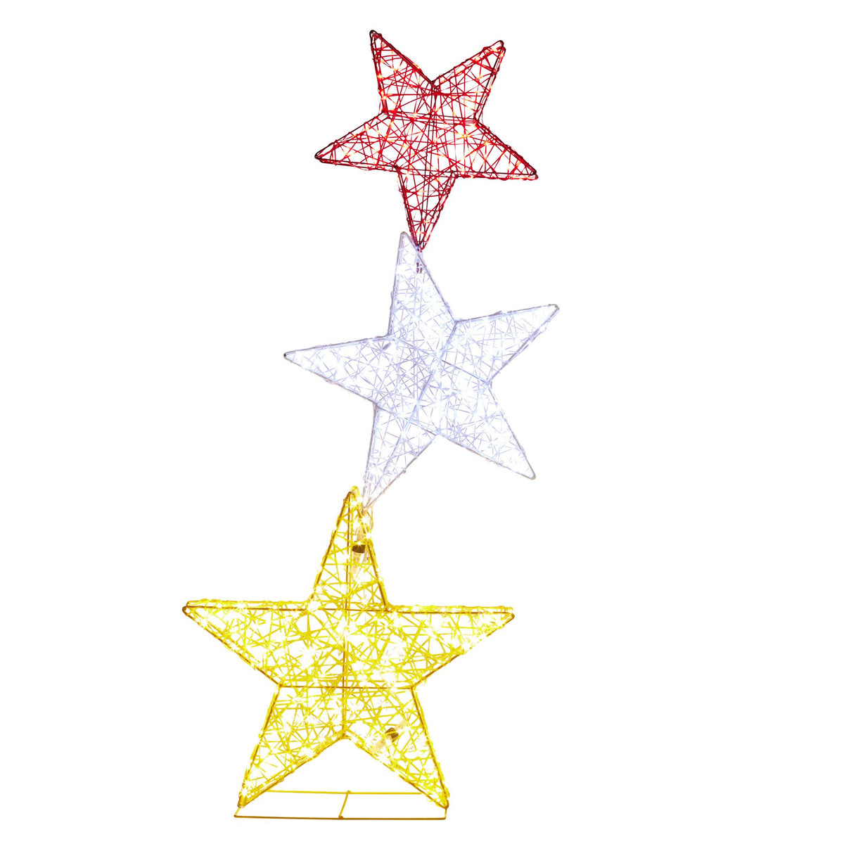 Triple star LED light display with red, white, and yellow wireframe stars