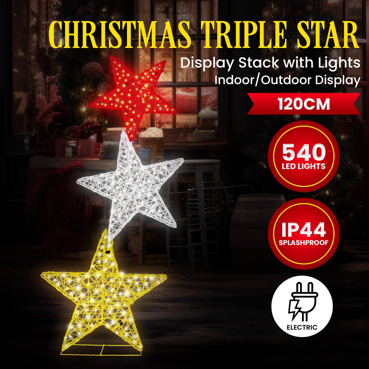 Lit triple star LED display with red, white, and yellow wireframe stars