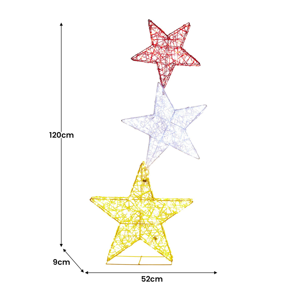 120cm tall triple star LED display with red, white, and yellow wireframe stars
