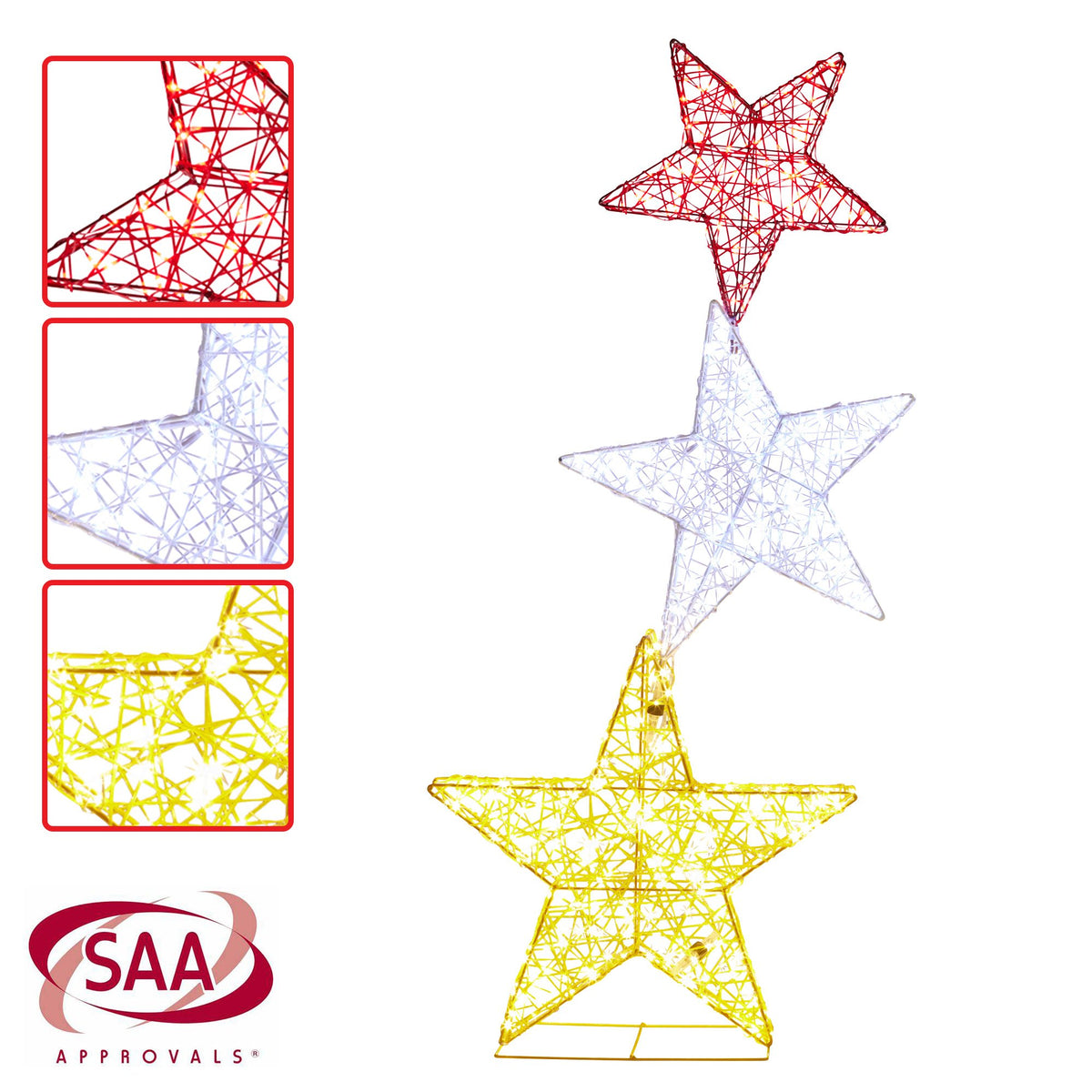Triple star LED light display with red top, white middle, and yellow base stars