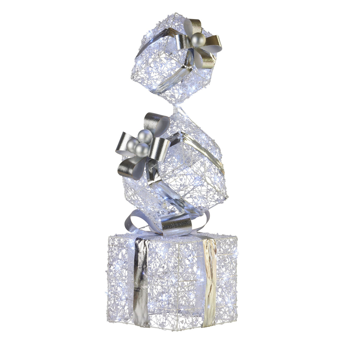 Triple stack gift box set with silver ribbon bows and glitter wrapping, unlit.