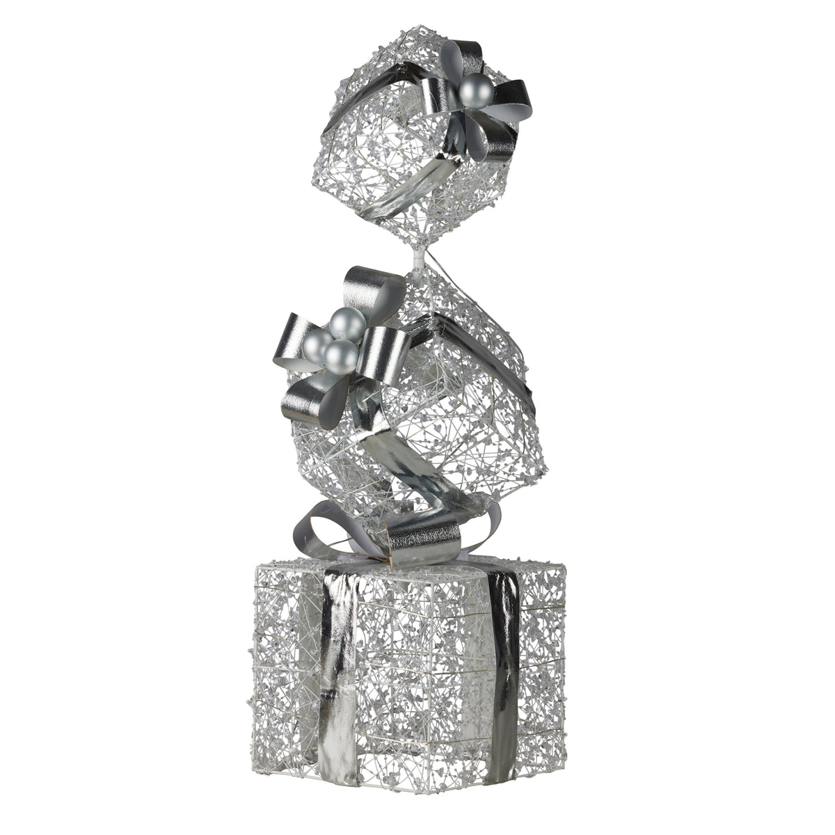Triple stack gift box display with silver ribbon bows and glitter wrapping, unlit.