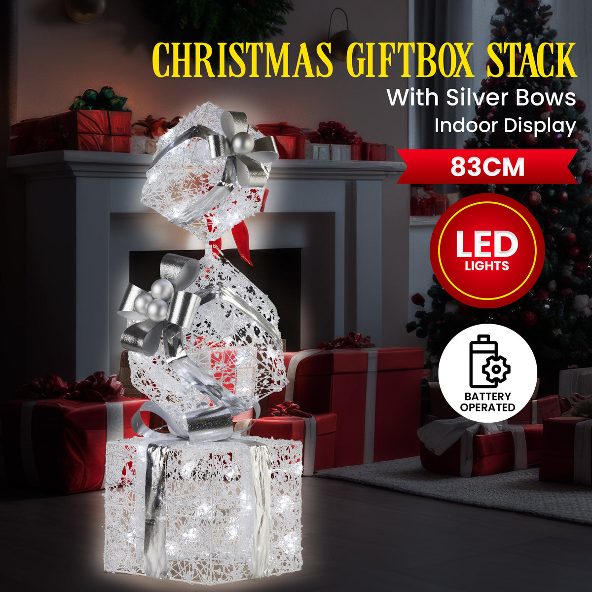 Triple stack gift box display with silver bows, glowing LED lights, battery powered.