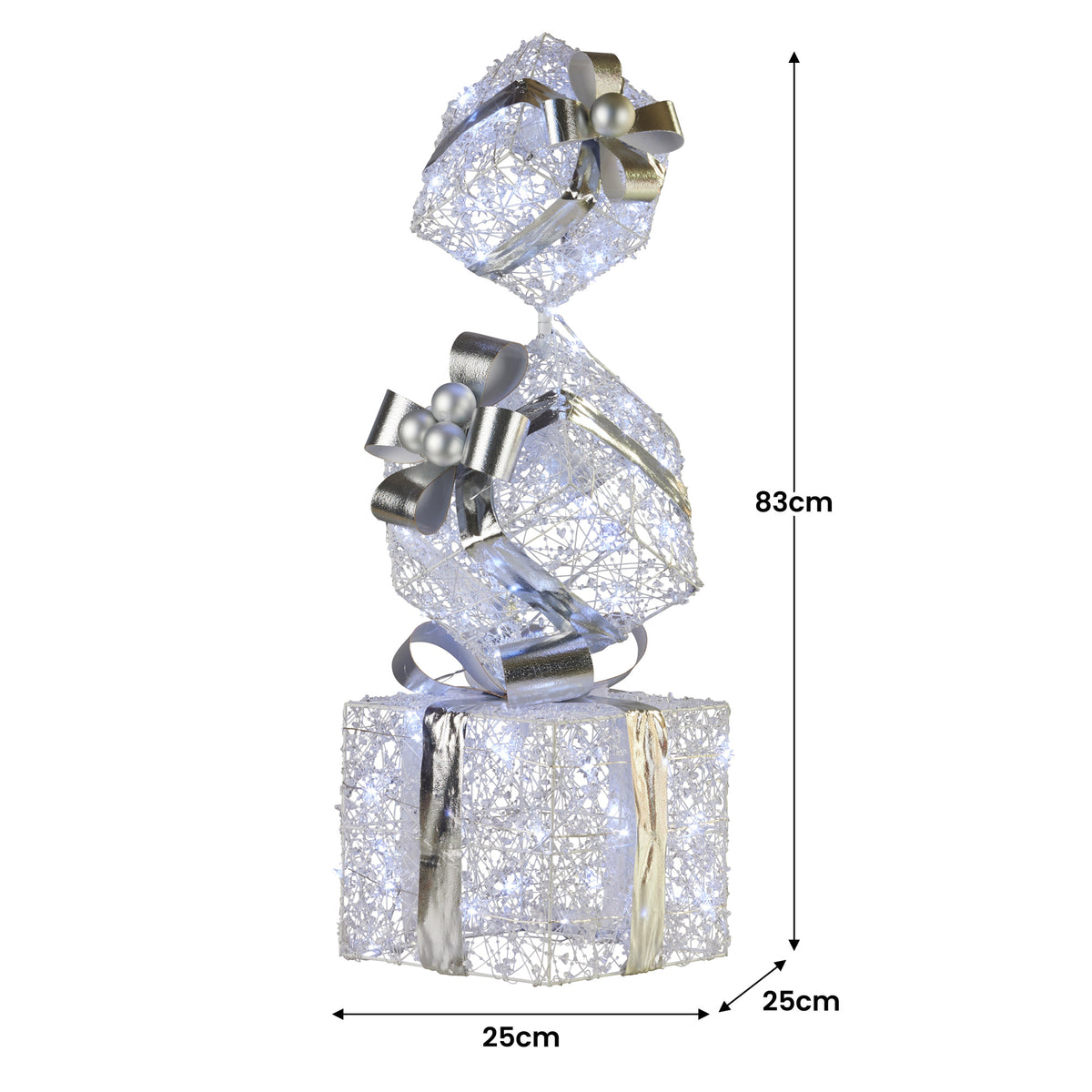 Triple stack gift box set with silver bows, glitter wrap, and size diagram.