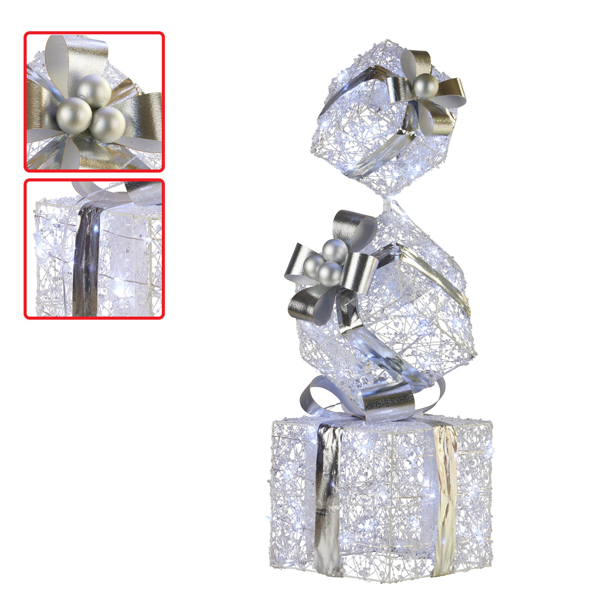 Triple stack gift boxes with silver ribbon bows; close-up details of ribbon and wrap.