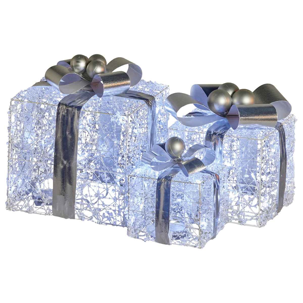 Set of 3 silver glitter gift boxes with LED lights and large bow toppers