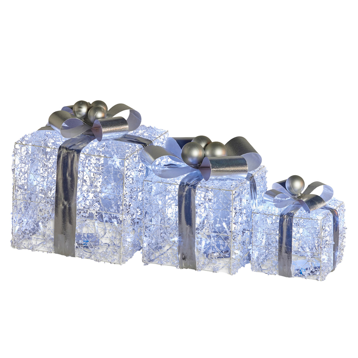 Three illuminated silver gift boxes with foil texture and silver ribbon bows