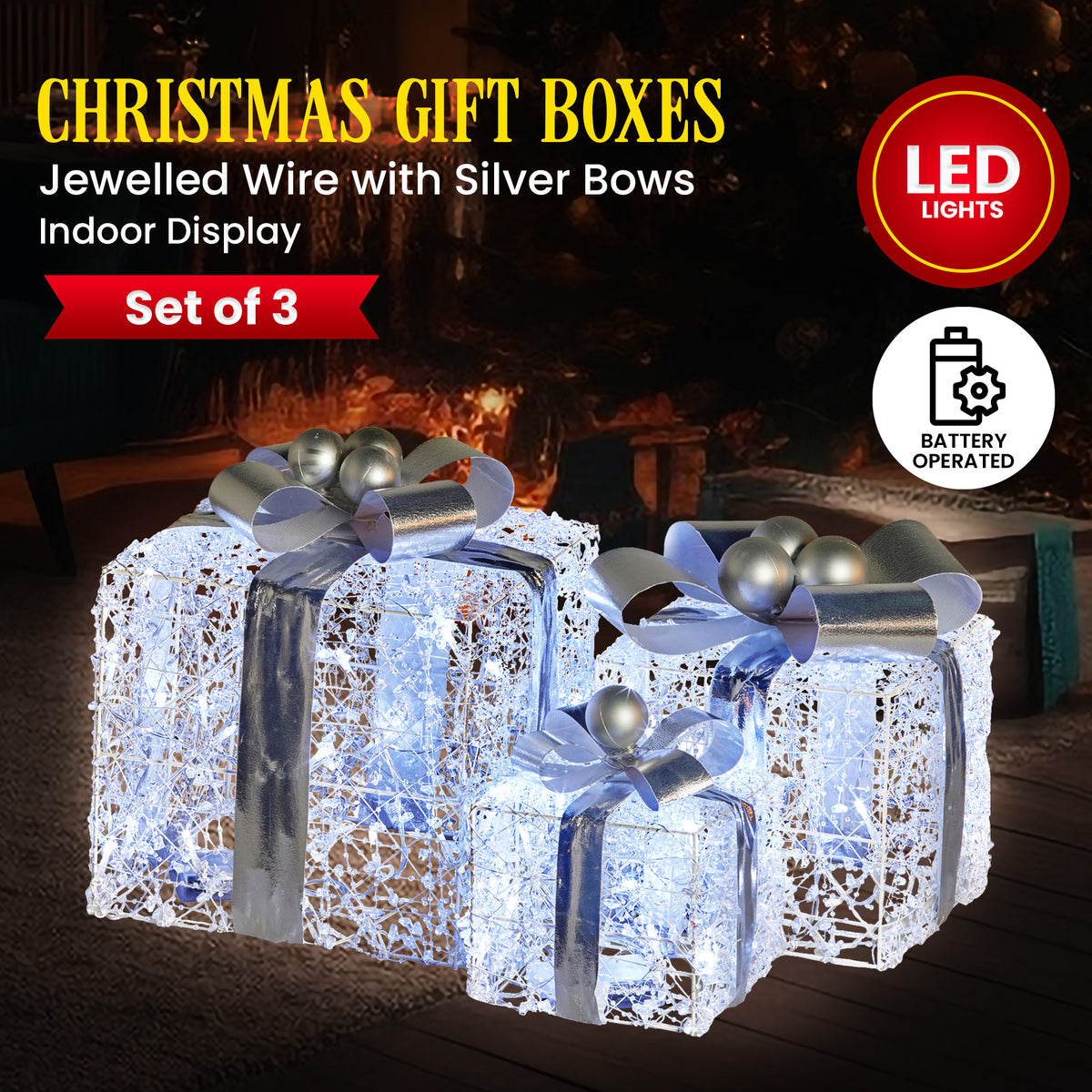 LED light-up set of three square gift boxes with silver bows and wire-style wrap
