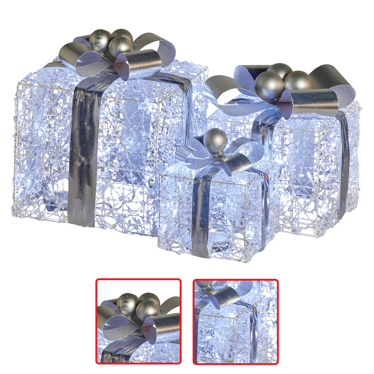 Front view of three silver glitter gift boxes with LED lights and bow accents