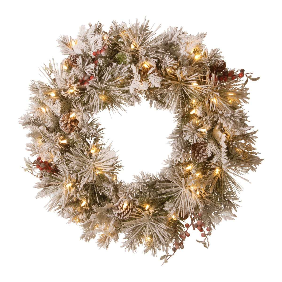 Snowy Christmas wreath with warm LED lights, pine cones and red berries, full circle view.