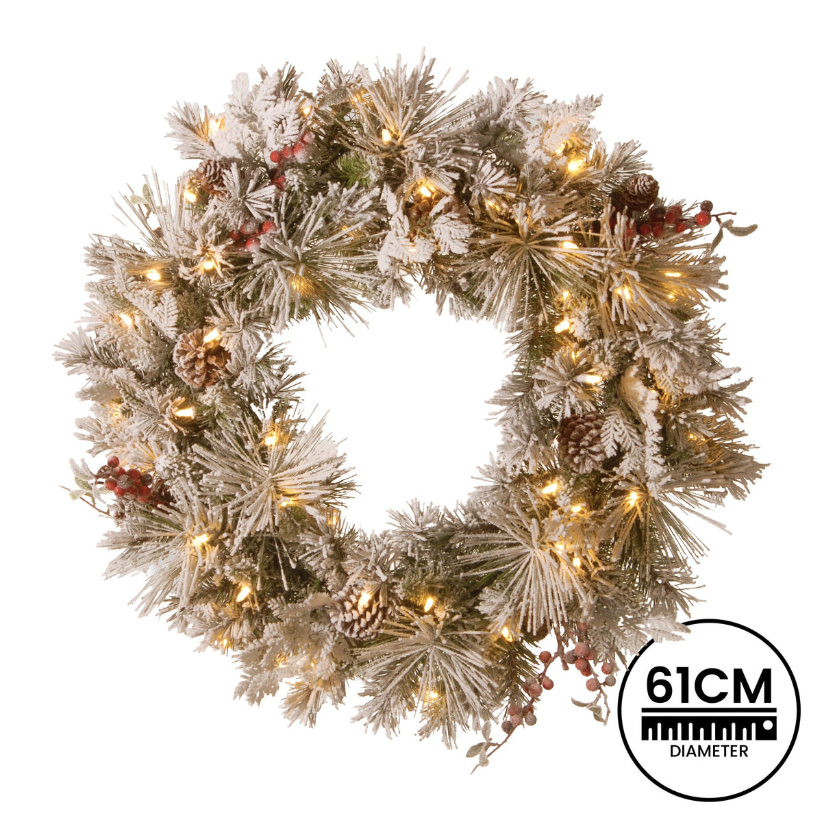 Snowy Christmas wreath, 61 cm diameter, frosted branches with warm LED lights and red berries.