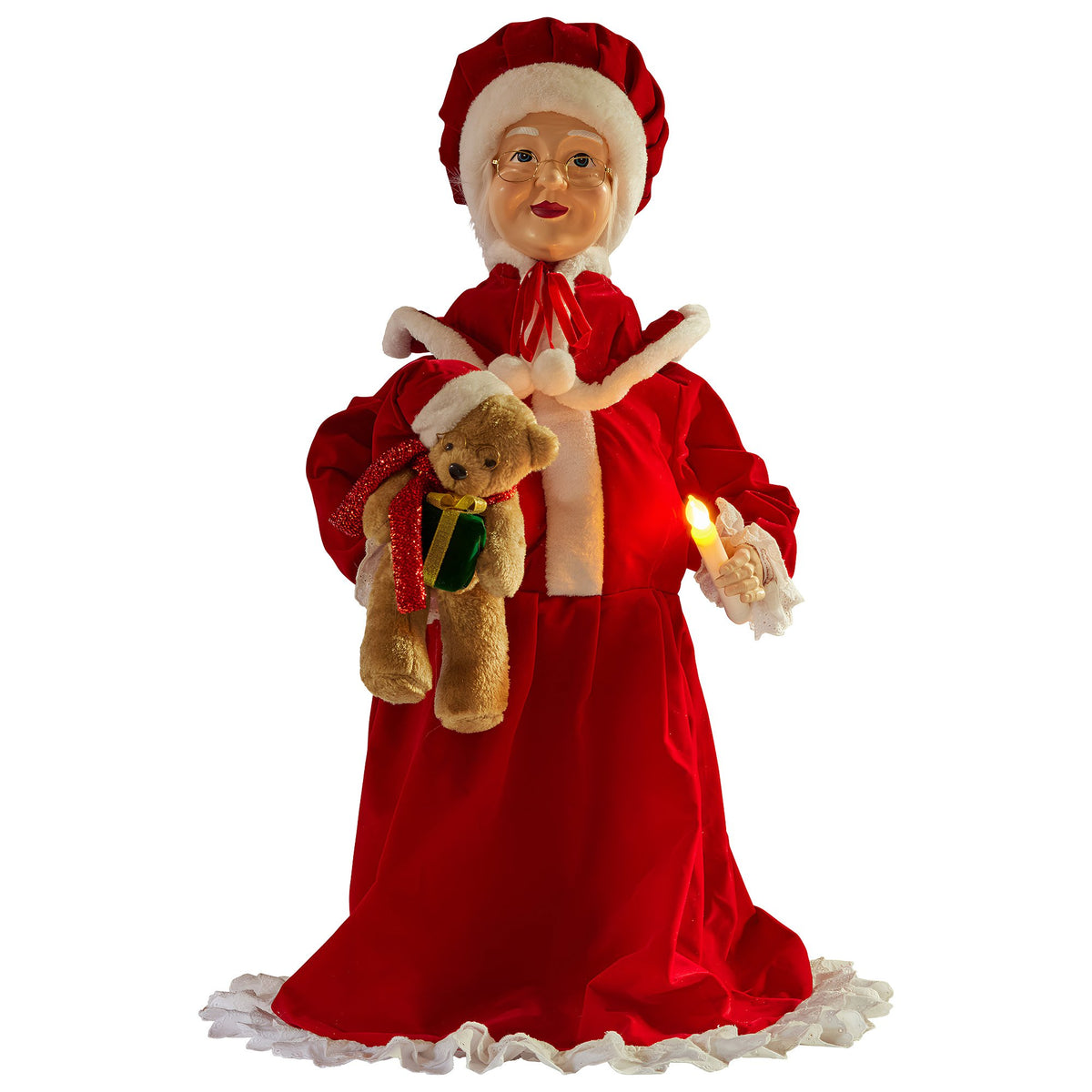 Mrs Claus candle ornament figurine, red dress with glowing LED candle and teddy bear