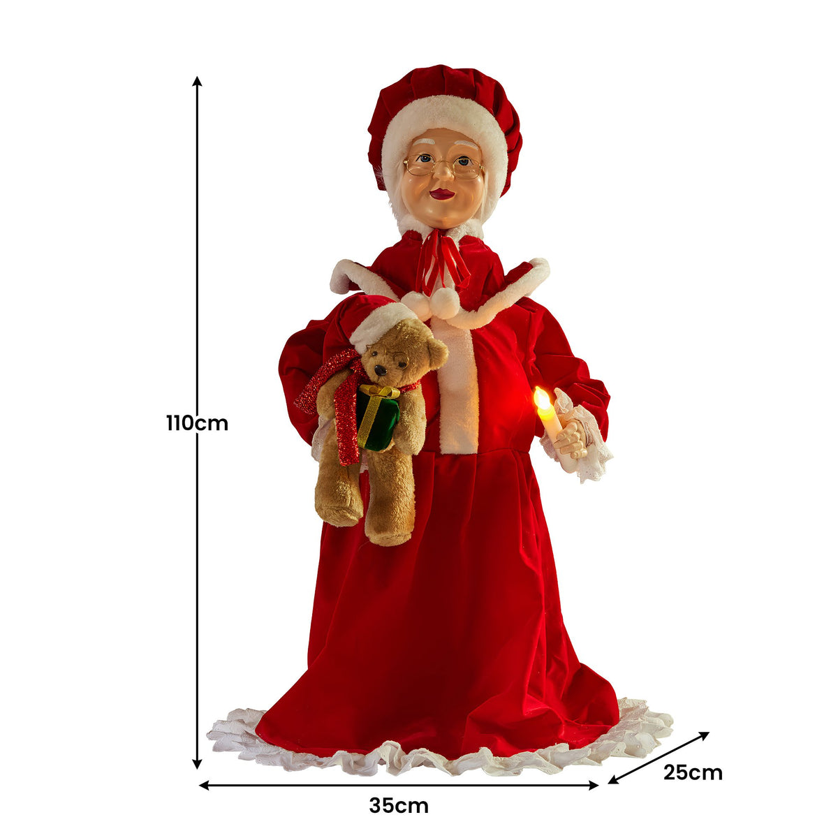 Mrs Claus candle ornament, red robe with white bonnet, teddy bear, glowing LED candle