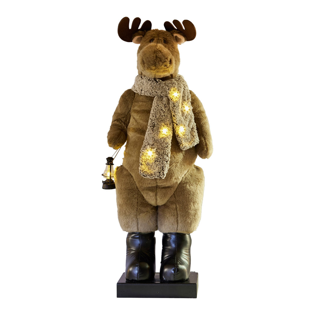 Musical LED moose decoration with lantern, plush body and warm yellow glowing lights