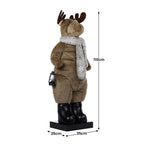 Standing plush moose decoration with scarf and lantern, LED lights glowing