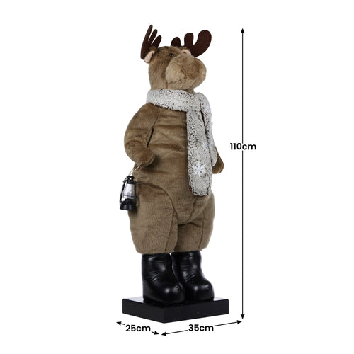 Standing plush moose decoration with scarf and lantern, LED lights glowing
