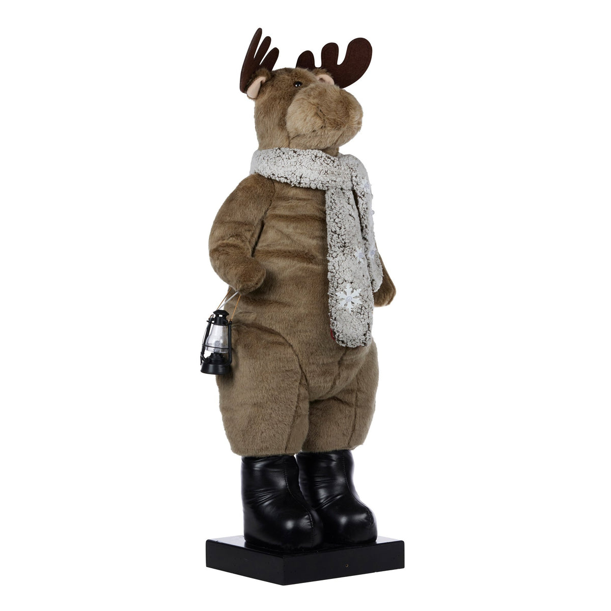 Plush moose decoration with scarf and lantern accessory, LED lights glowing