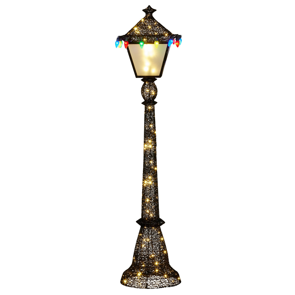 Black glitter Christmas lamp post decoration with warm lantern glow and multi-colour string lights