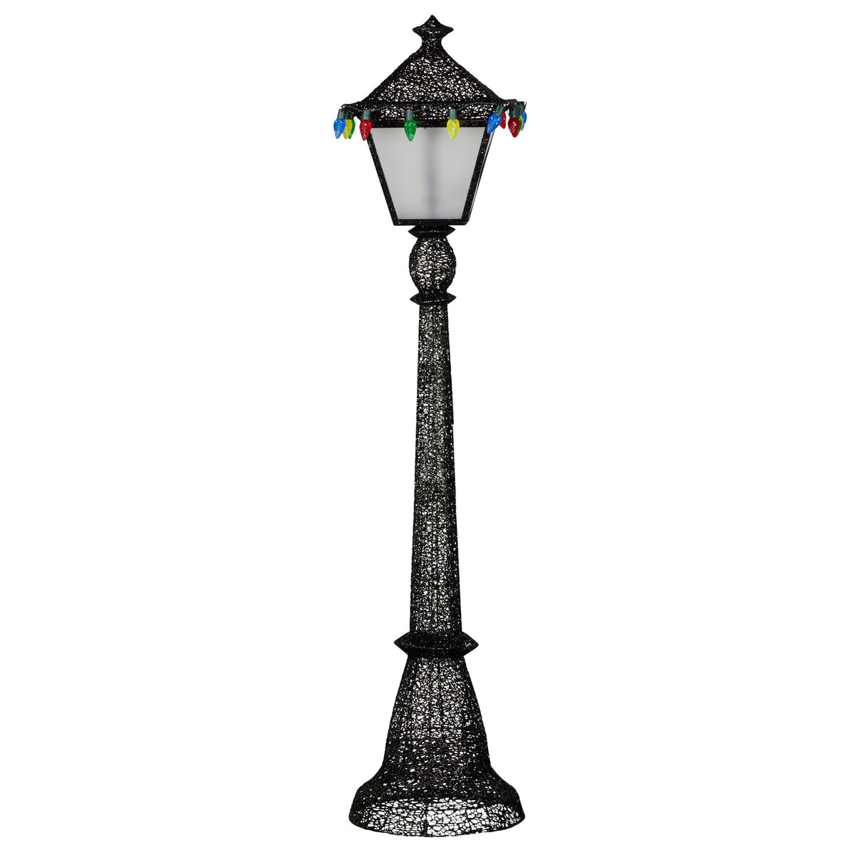 Black glitter Christmas lamp post decoration with multi-colour hanging lights and glowing lantern
