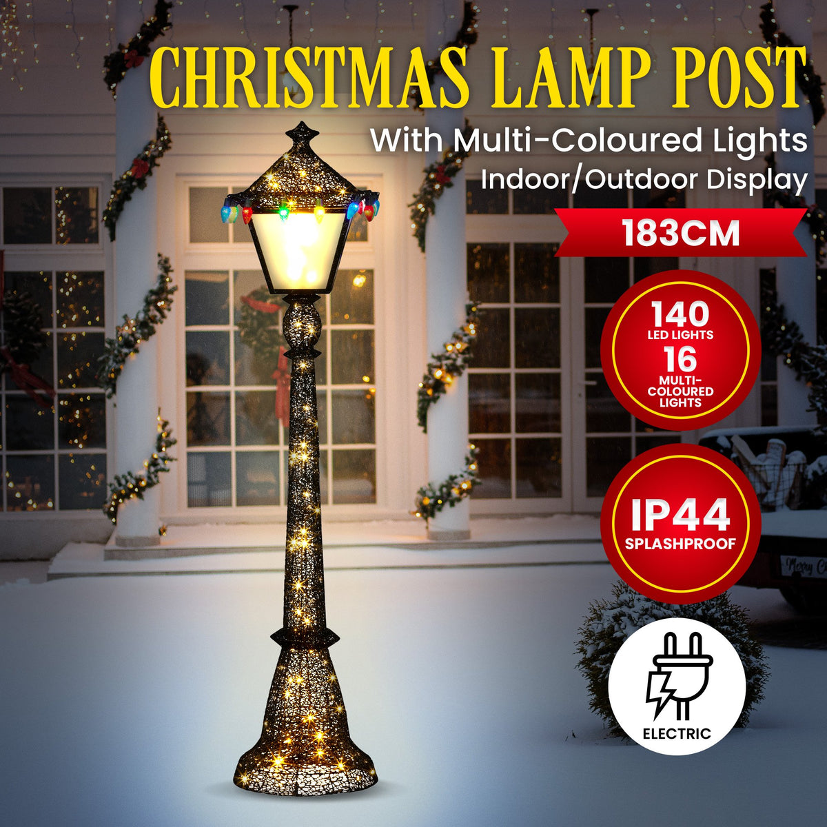 Black glitter Christmas lamp post with warm lantern glow and multi-colour LED lights, 183cm tall