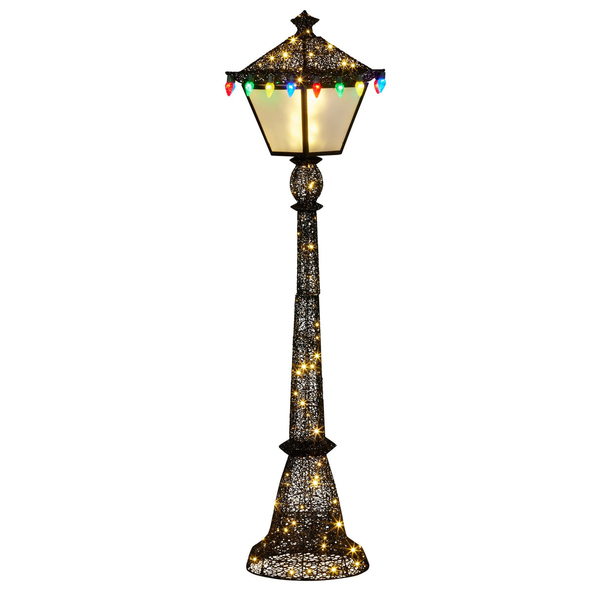 Black glitter Christmas lamp post decoration with warm lantern top and multi-colour lights
