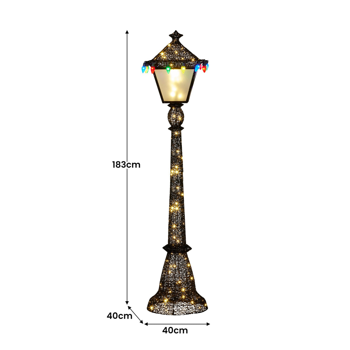 183cm black glitter Christmas lamp post with warm lantern and multi-colour LED string lights