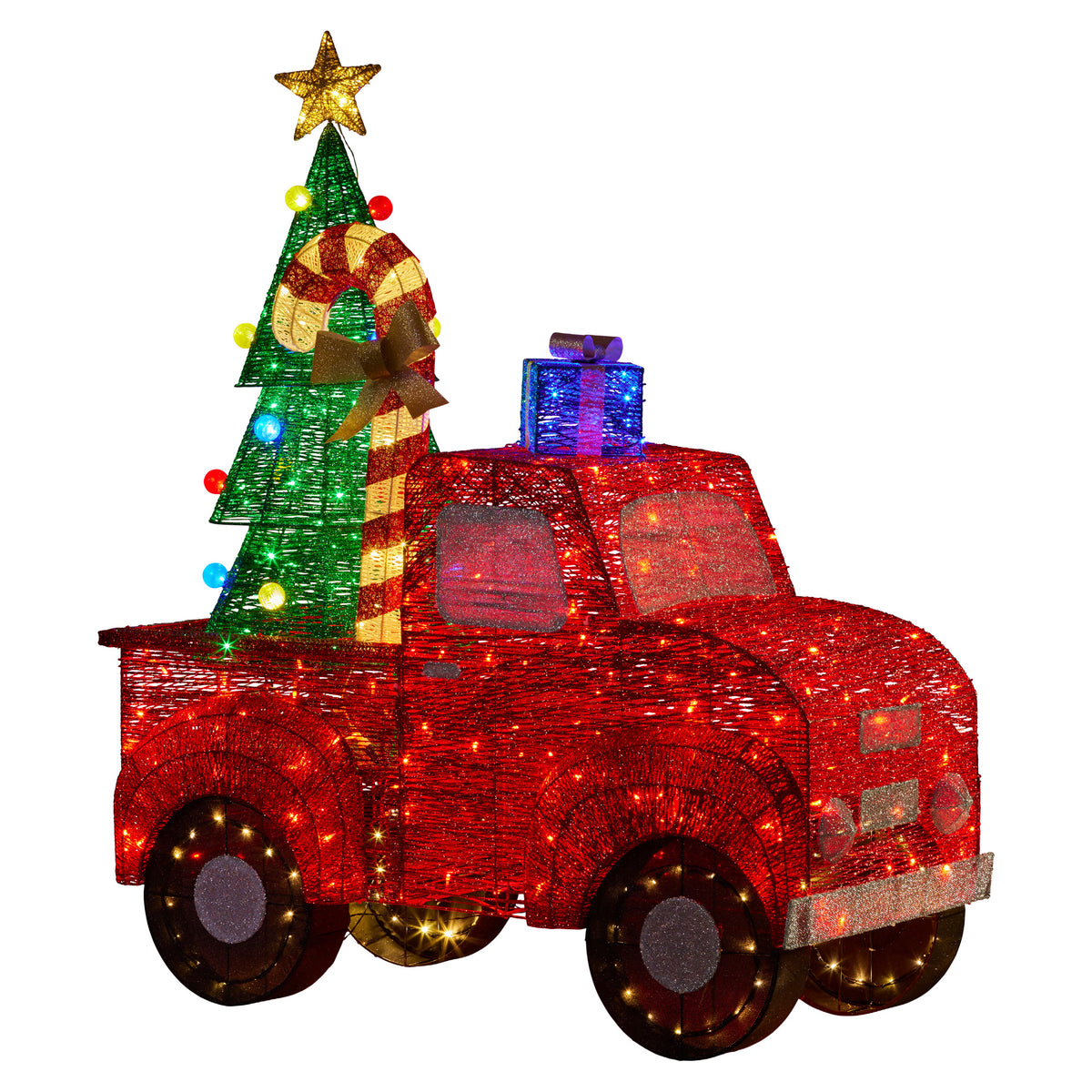LED Christmas tree truck yard decoration with glowing multi-color lights and gold star topper