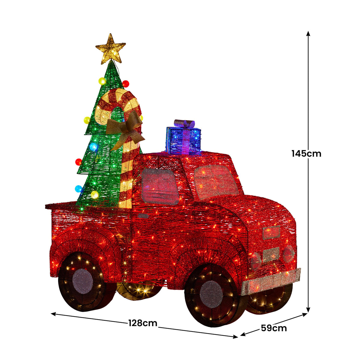 Red LED light truck decoration with green lit Christmas tree and gold star topper, front view size