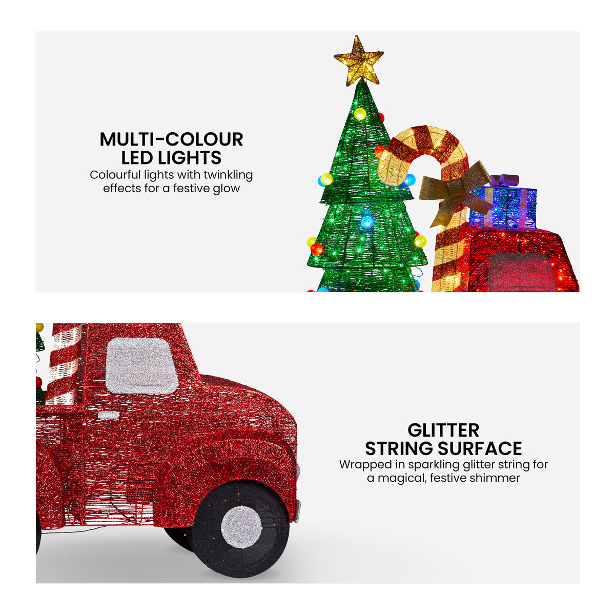 Glowing multi-color LED light truck with green tree and glitter string surface detail