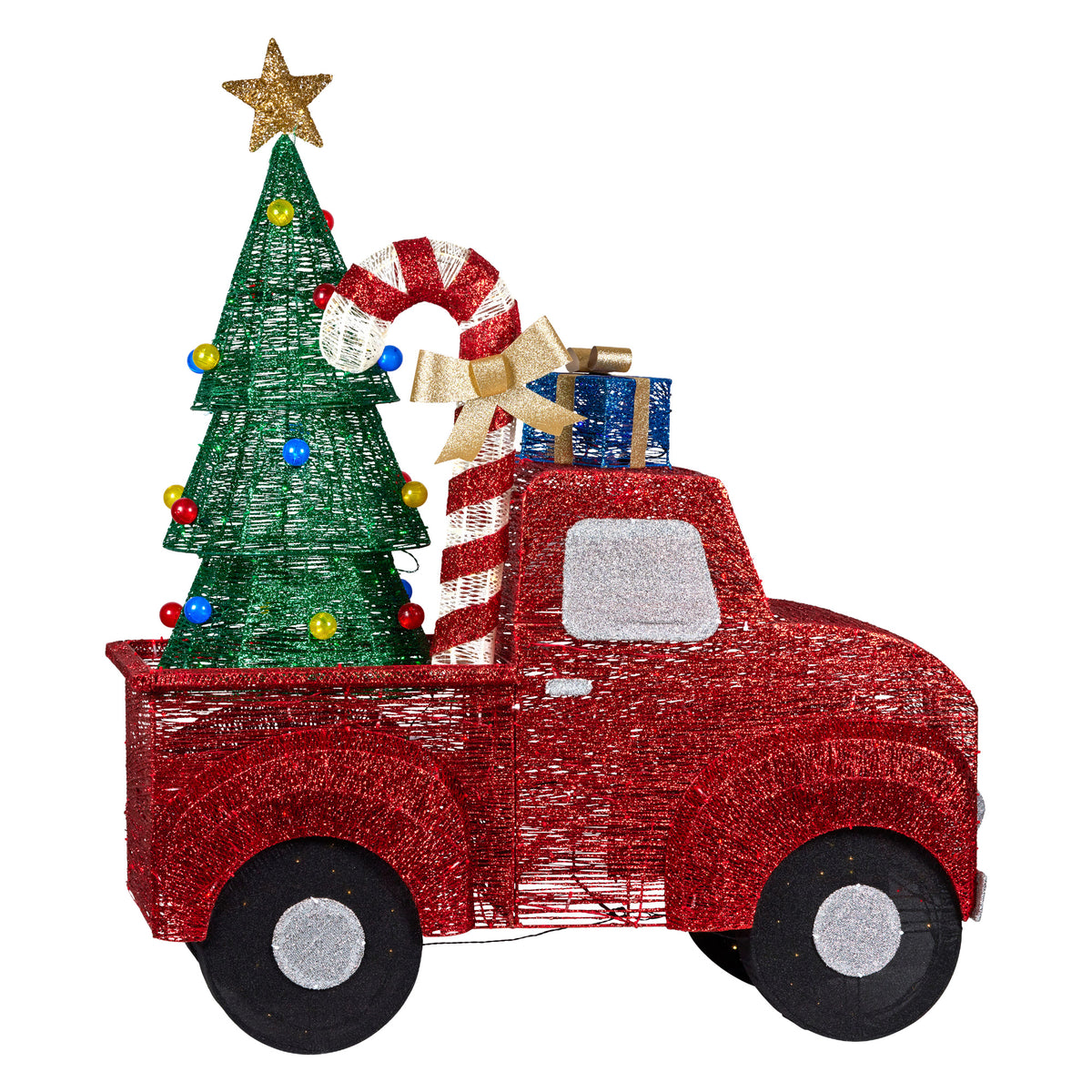 Red glitter LED Christmas tree truck decoration with green tree, candy cane topper and gold star