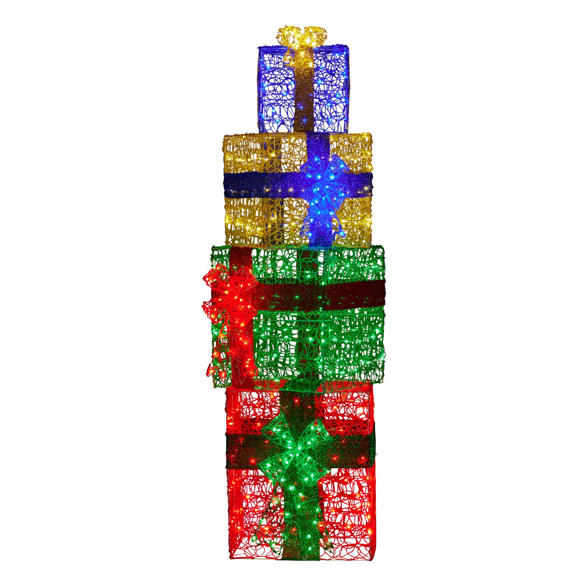Multicolor LED gift stack decoration with crisscross bows in red, green, blue, gold