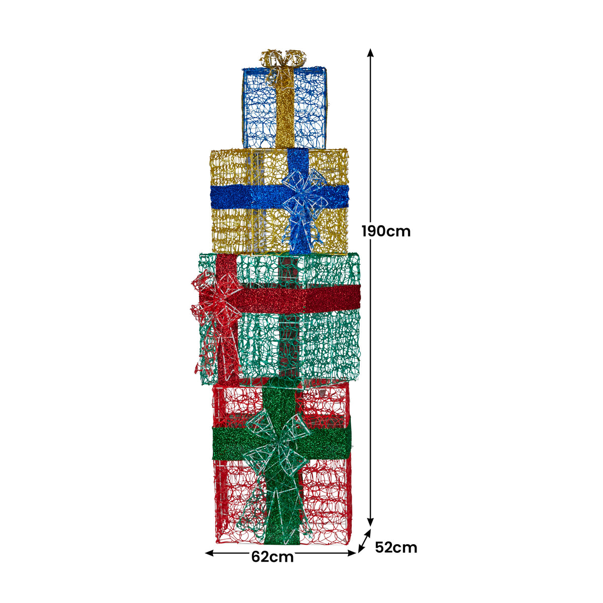 Tall multicolor LED gift stack decoration with star-like bow details and ribbon bands
