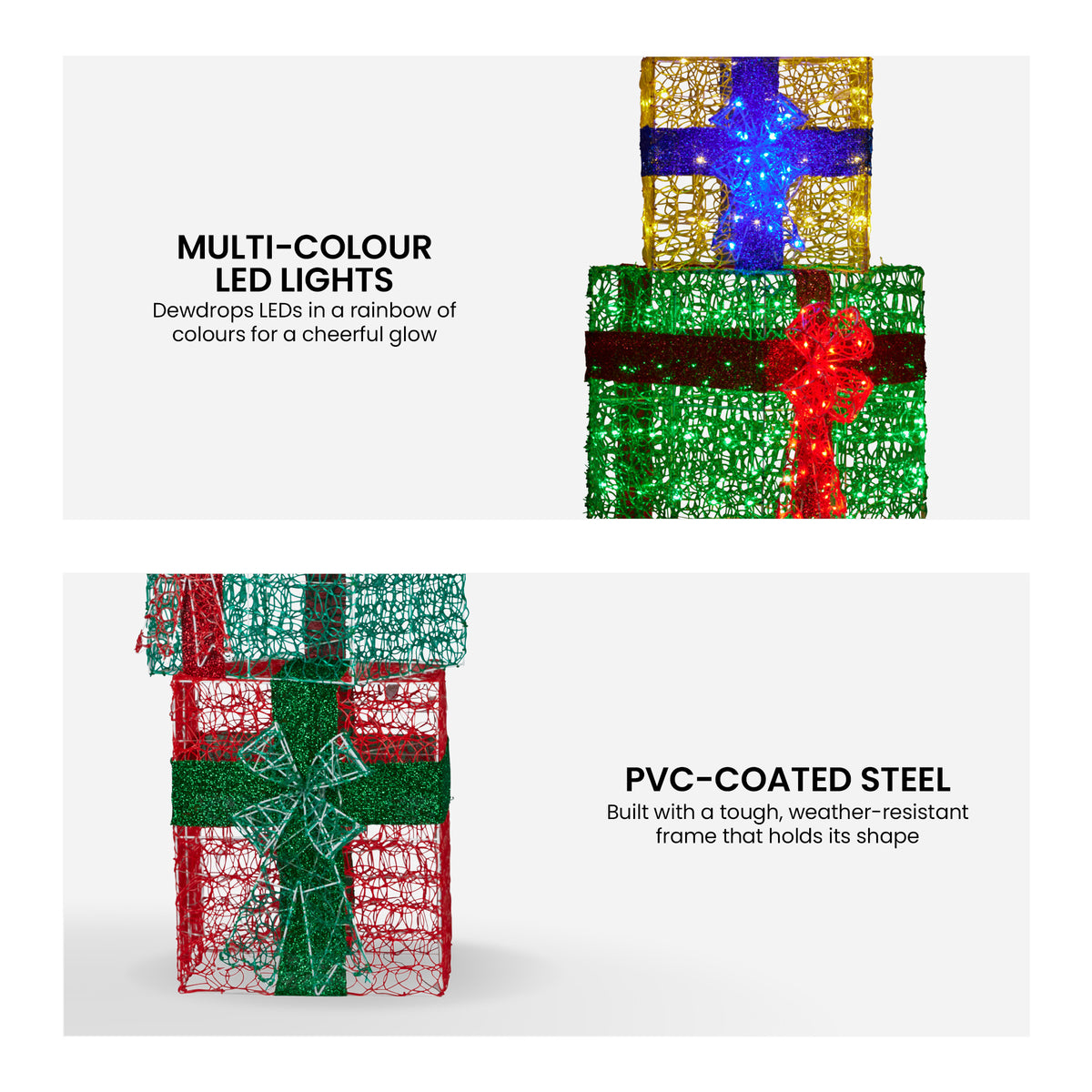 Multicolor LED gift stack decoration with glowing PVC mesh frame and ribbon bows