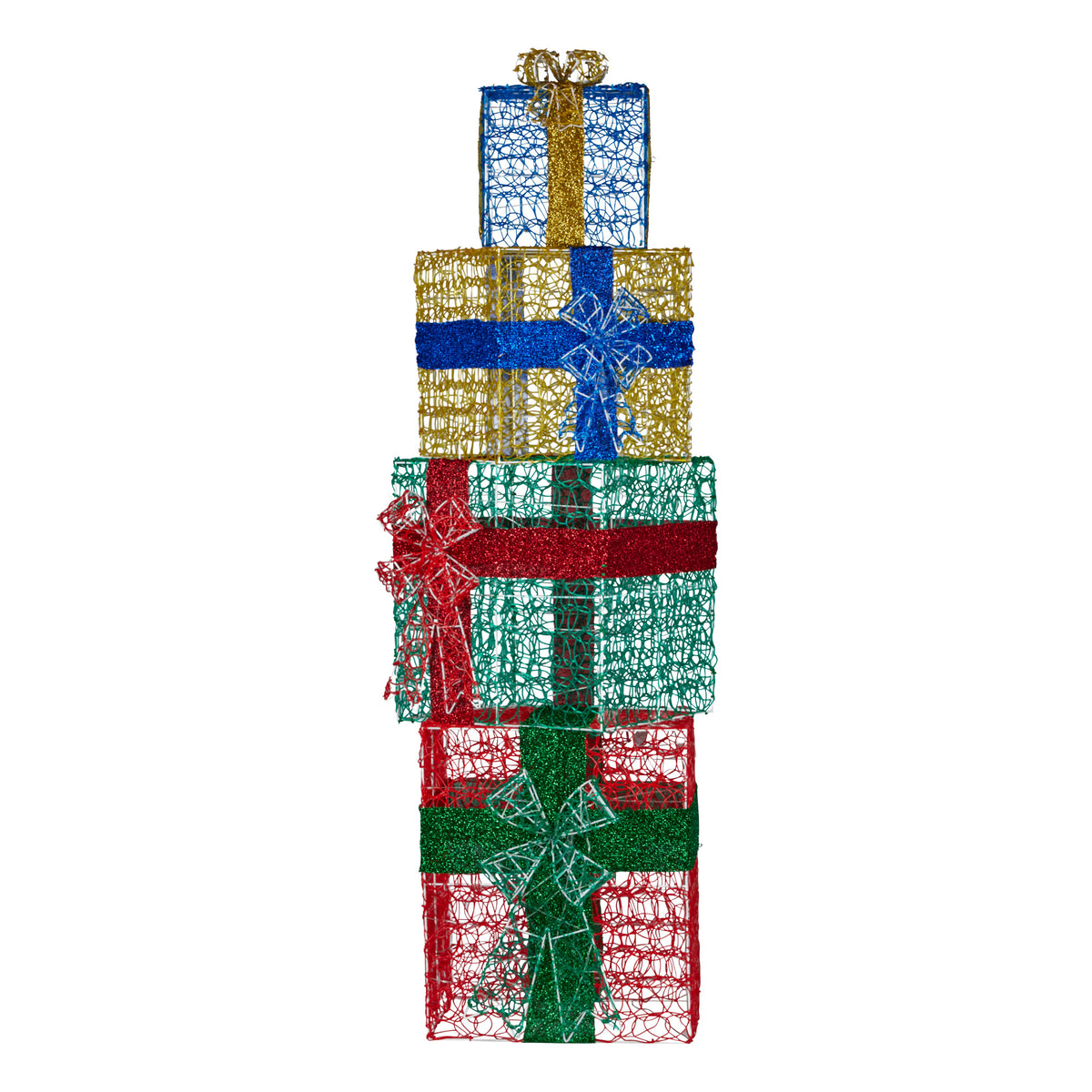 Front view multicolor LED gift stack decoration with layered red, green, blue, gold mesh