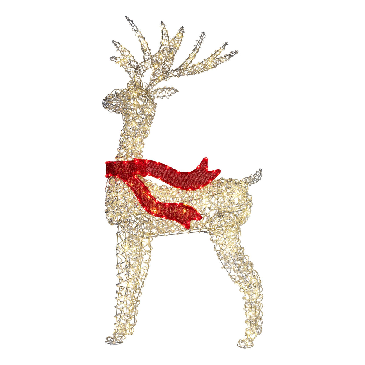 Light-up reindeer lawn statue with red bow accents and golden wire-look frame