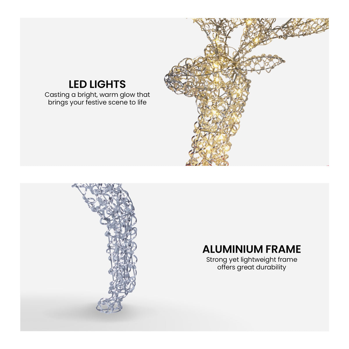 Light-up reindeer statue detail with gold wire-look frame and warm LED glow