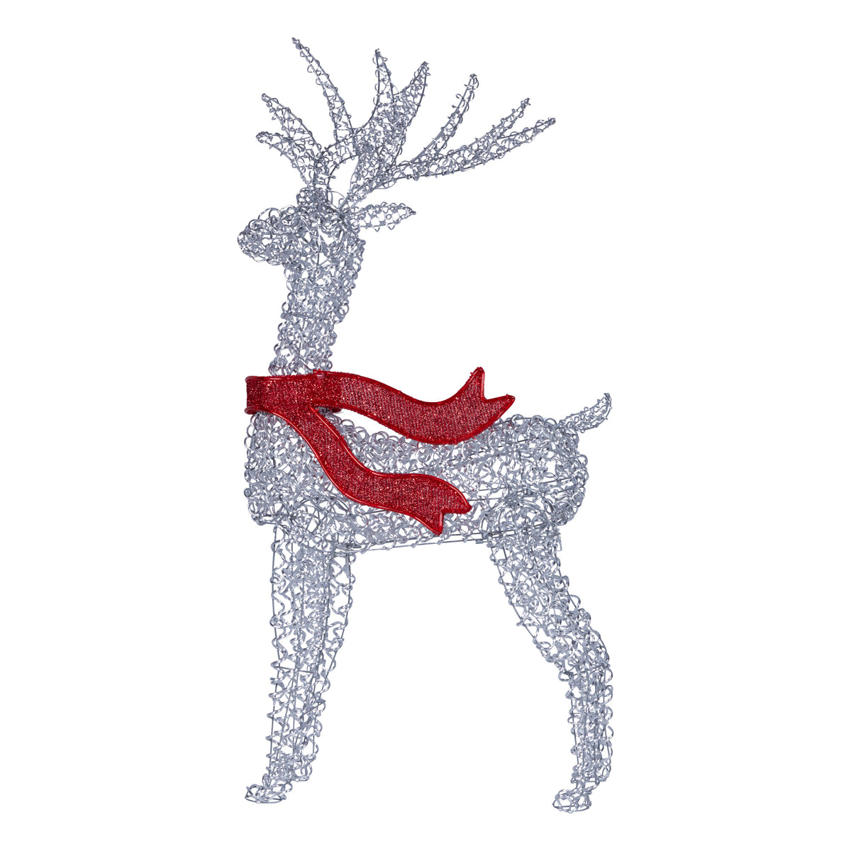 Light-up reindeer lawn statue with red bow accents and gold wire-look silhouette