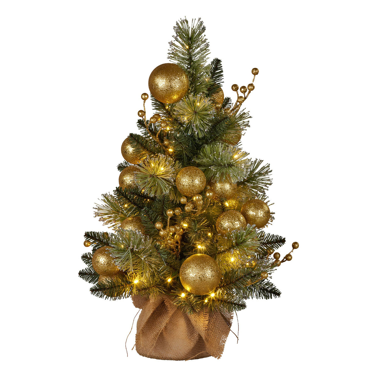 Gold pre-decorated tabletop Christmas tree with warm white LED lights and gold baubles
