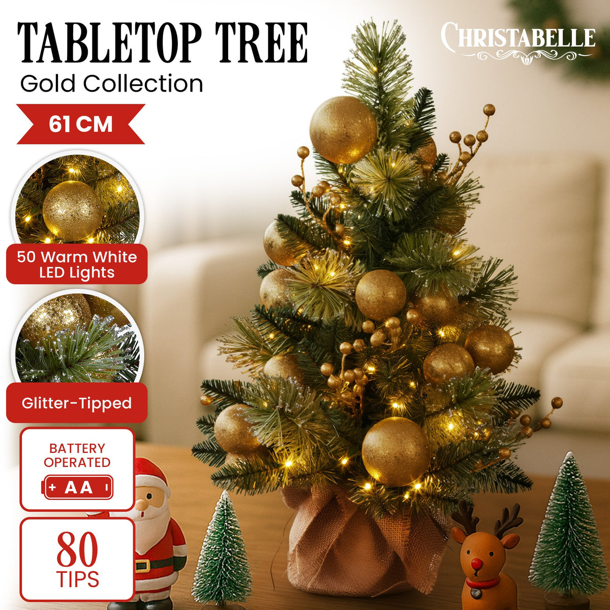 Gold tabletop Christmas tree with warm white LED lights, gold ornaments, and a tulle bow