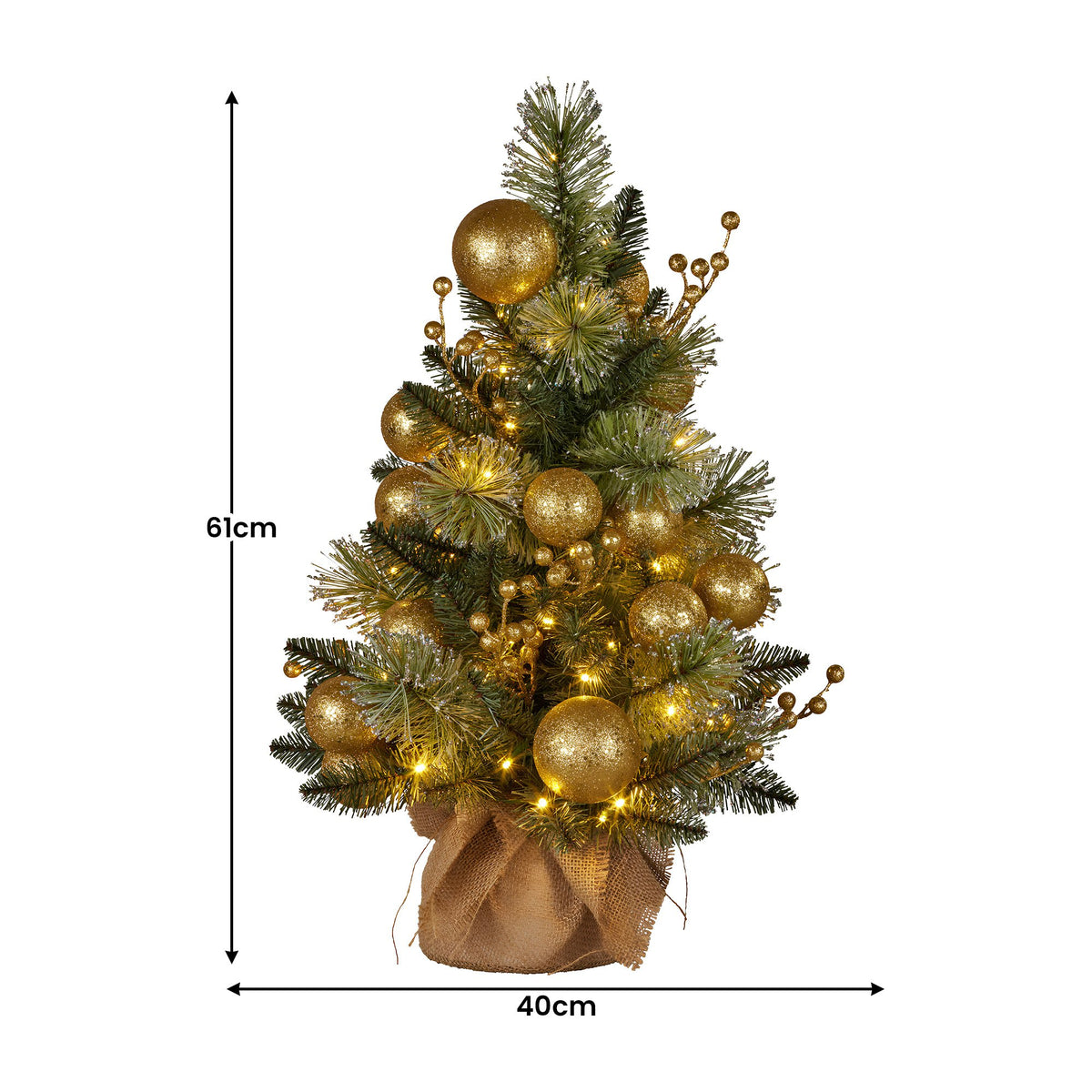 61cm tabletop Christmas tree with warm white LED lights and gold baubles; 40cm width