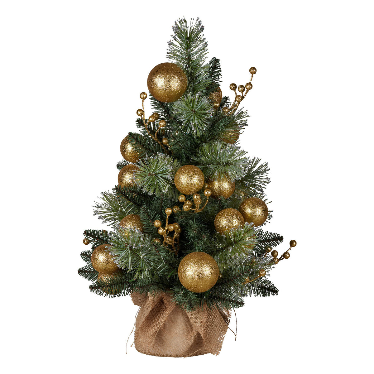 Gold tabletop Christmas tree with warm LED lights, glitter-tipped branches, and tulle bow