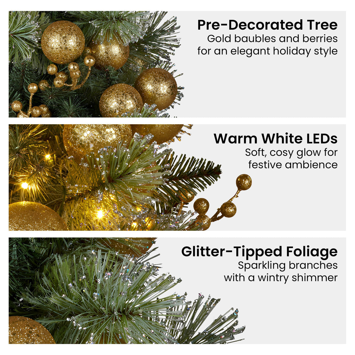 Glitter-tipped gold tree branches with warm white LED lights and scattered gold baubles